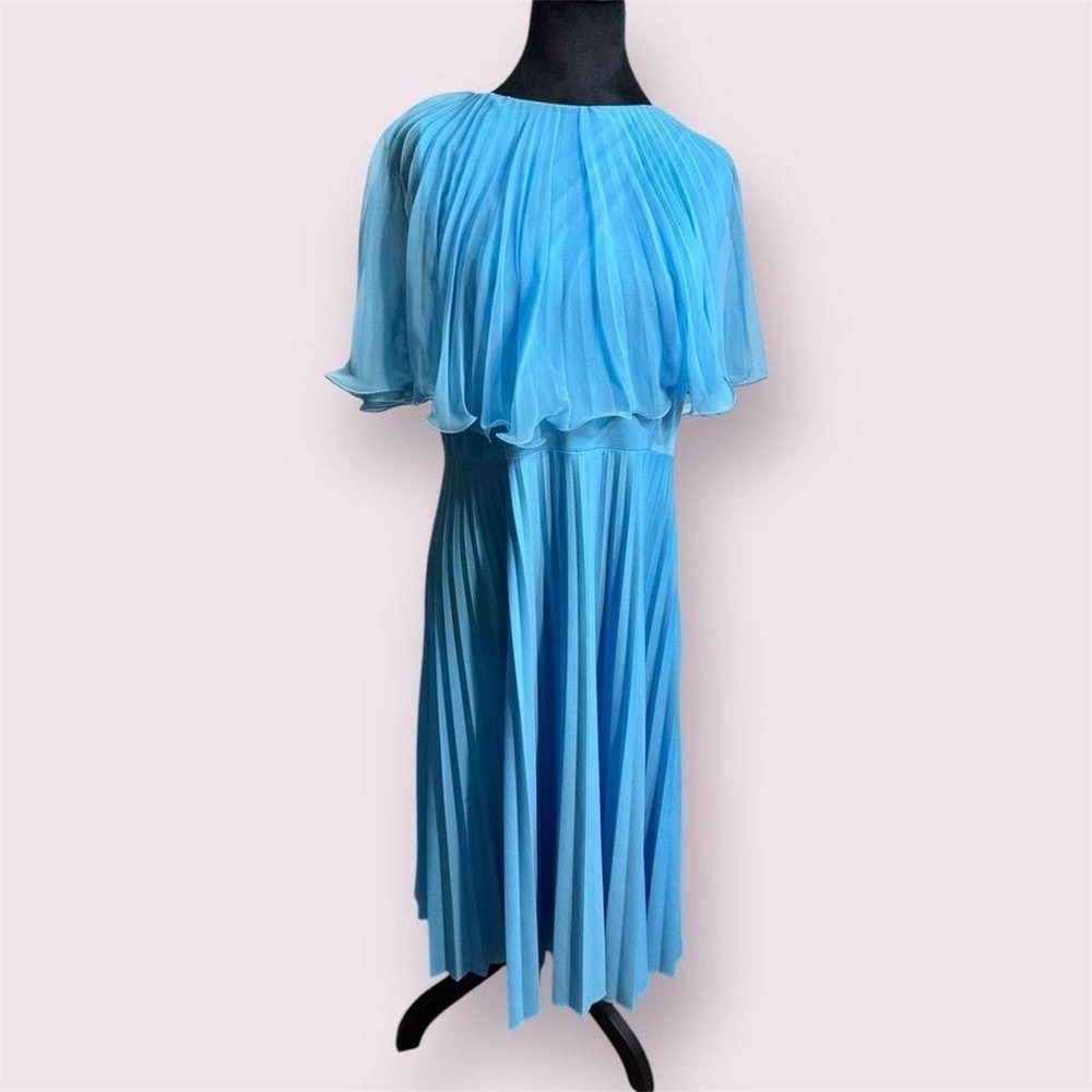 70s Vintage Pastel Blue pleated Chiffon & Knit Party Dress No Size Handmade M*